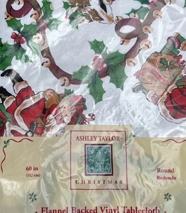 Vintage Ashley Taylor Concepts Christmas Flannel BackVinyl Tablecloth 60” Round - Picture 1 of 7