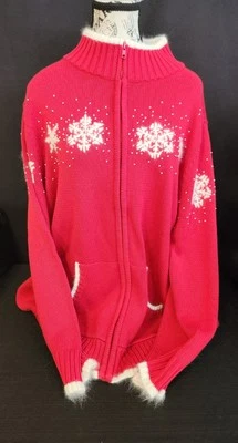 Quaker Factory 2X Red Holiday Full Zip Winter Angora Trim Cardigan Sweater  - Image 1 of 4