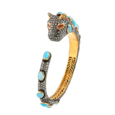 Natural Rose cut Diamond Turquoise 925 Sterling Silver Bangle Jewelry - Image 1 of 4