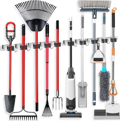 2 Pack Wall Mount Broom Holder Stainless Steel 5 Racks with 4 Hooks Organizer  - Image 1 of 4