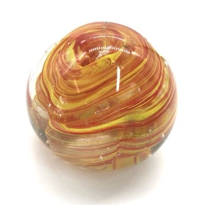 Small Clear Blown Art Glass Paperweight Yellow Orange Red Swirls Inside Vtg - Picture 1 of 5