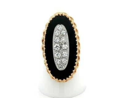 Anillo central vintage de oro macizo ovalado cabujón ónix negro pavé de diamantes de 0,60 quilates Foto 1 de 4