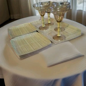 Vtg Plastic Precidio 4 Glasses with Bamboo Stem 8 Plates 1 Long Serving Platter - Picture 1 of 5