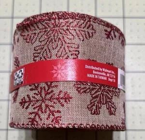 Red Glitter Red Snowflakes On Natural Beige Ribbon Roll 25 ft Wired Edge Holiday - Picture 1 of 6