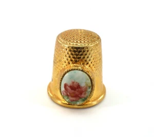 THIMBLE Gold Tone Metal Porcelain Plaque with ROSE Sewing Collectible Spain - Picture 1 of 7