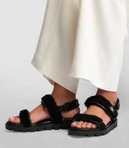 $945 CHRISTIAN LOUBOUTIN 37 Sandals Lock Wool Black Shearling Fur Flat with Box - Picture 1 of 9