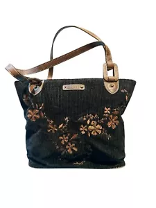 Rare Guess Black Corduroy Purse With Floral Appliqué Shoulder Bag Brown - Picture 1 of 7