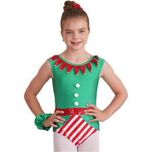 Kids Girls Bodysuit Holiday Christmas Dress Up With Headband Elf Costume Xmas - Picture 1 of 30
