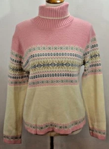 De Colección Años 90 Moda Bug Rosa Blanco Copo de Nieve Patrón Suave Suéter Hecho en EE. UU. Mujer S - Imagen 1 de 9