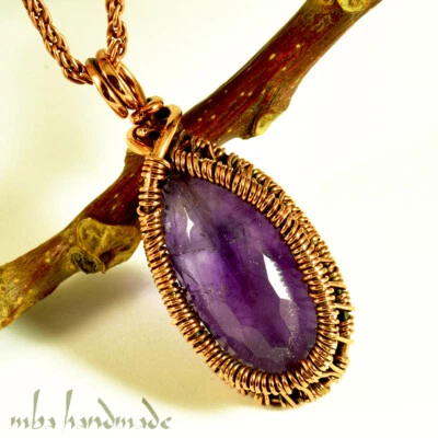 Colgante de cristal de amatista facetado alambre de cobre envejecido envuelto piedras preciosas naturales Foto 1 de 4