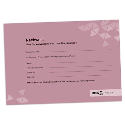 RNK Nachweisheft Rote Kennzeichen weiß A5 quer 16 Seiten Nachweis Probefahrt - Bild 1 von 3