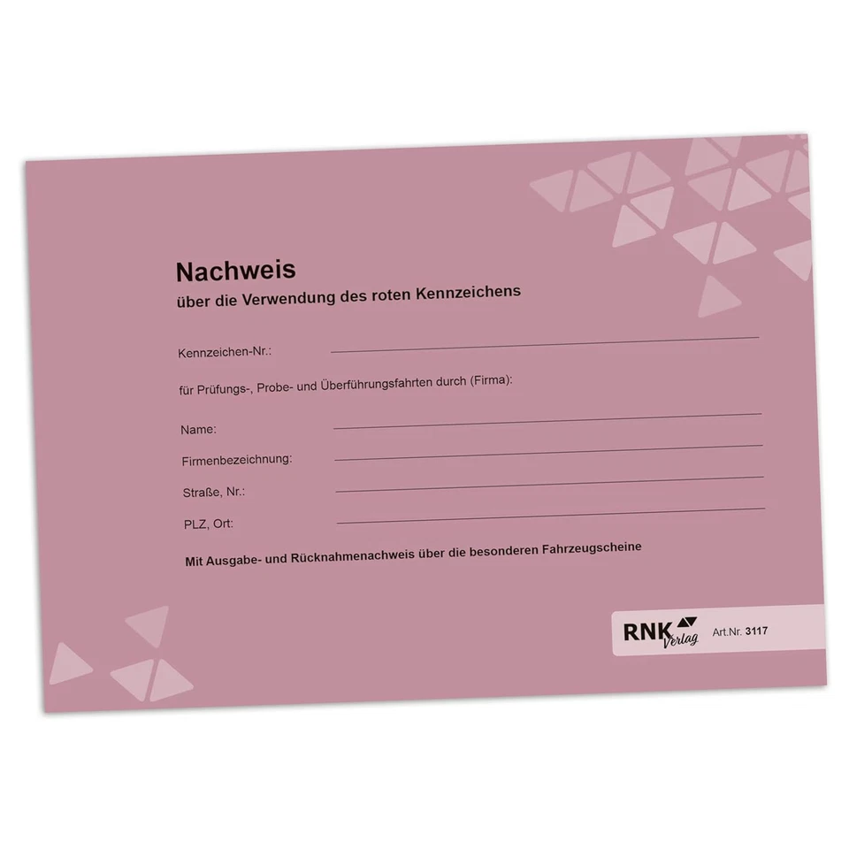 RNK Verlag Nachweisheft für rote Kennzeichen - 8 Seiten, DIN A5 quer