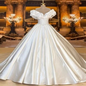 Lowime Classic Satin Wedding Dress Lace Appliques Sweep Train Wedding Gowns - Picture 1 of 7