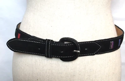 Black Suede Leather Womens Size 32 Woven Multicolor Accents Waist Belt Guatemala - Image 1 of 4