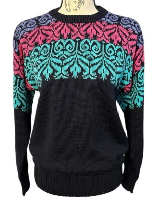 Suéter Vintage Meister Mujer Pequeño Negro Multicolor Lana Tejido Fair Isle Ski Foto 1 de 4