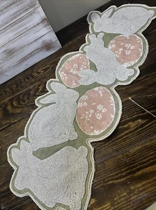 Beaded Easter Bunny Table Runner Pink Green Bunnies Eggs Spring Farmhouse Decor - Picture 1 of 7