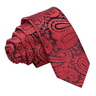 Black & Red Skinny Tie Woven Floral Paisley Mens Formal Wedding Necktie by DQT - Image 1 of 2