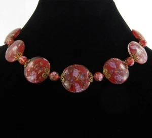 Collar Aventurina Cristal Murano Rojo 15" De Colección Disco Plano Cuentas Cadena Veneciana - Imagen 1 de 5