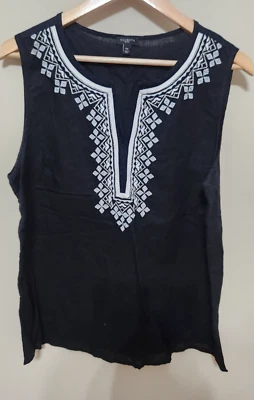 Talbots Women Embroidered Linen Blend SleevelessTank Black Size 14P - Image 1 of 4