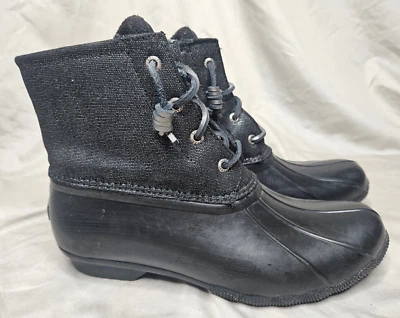Sperry Rain Duck Boots Womens SZ 10 Black Silver Shimmer Insulated Fleece Lined - Image 1 of 4