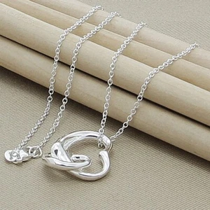 Collar colgante de plata de ley 925 con doble corazón cadena compromiso de boda para mujer - Imagen 1 de 3