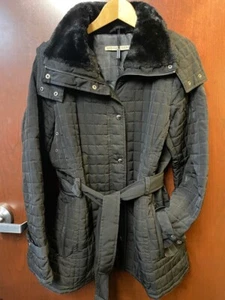 Andrew Marc Womens Quilted Hooded Faux Fur w Belt Winter Coat Jacket Black L 12 - Picture 1 of 5