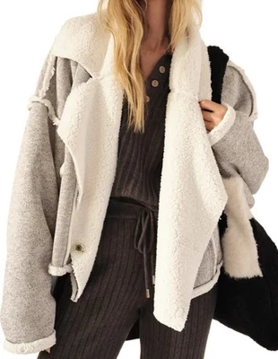 Chaqueta Free People Talla M Gris Josephine Forrada de Vellón Gran Tamaño Cuello Chal Foto 1 de 4