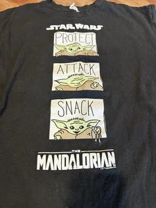Baby Yoda Mandalorian Black T-shirt Star Wars Protect Attack Snack - Picture 1 of 9