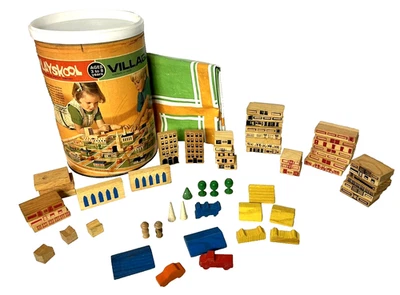 60 pc Vintage Playskool Village Colored Wood Town Buildings Blocks Mat Container - Image 1 of 4