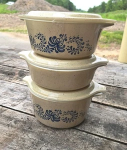 Vintage Set Of 3 Pyrex Homestead Brown Speckled Casserole Dishes Lids Tan Blue - Picture 1 of 8