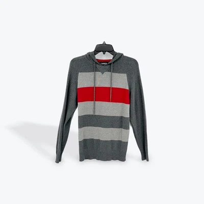 Suéter casual listrado vermelho cinza pulôver com capuz malha média masculino carbono - Imagem 1 de 4