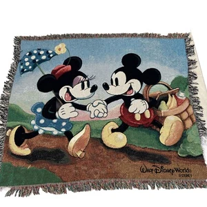 NEW Vintage Mickey & Minnie Mouse Throw Blanket Fringe Woven 60 X 50 Valentine's - Picture 1 of 8
