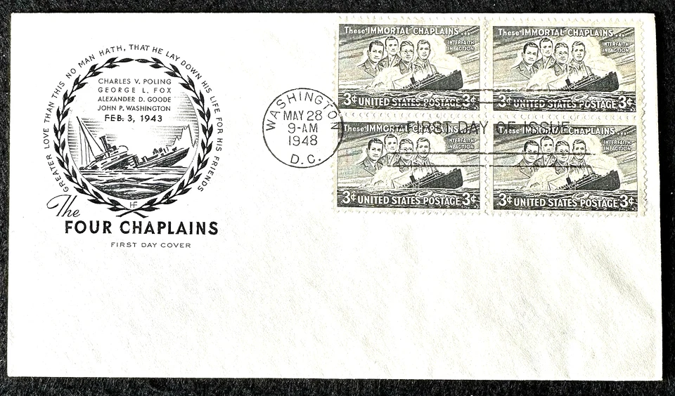 956 3c Stamps (BLOCK) (1948) HEROIC WWII FOUR CHAPLAINS FDC - HOUSE OF FARNAM - Image 1 of 1