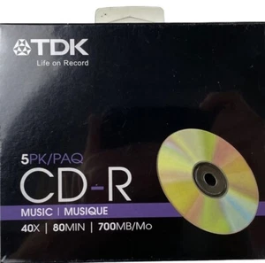 TDK New Sealed 80-Minute 700MB/Mo 40X CD-R Music Discs 5-Pack Blank Recording - Picture 1 of 4