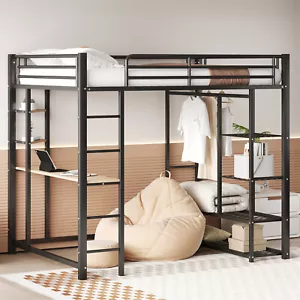 Hochbett Kinderbett Metallbett 140x200 cm mit Schreibtisch, Leiter und Schrank - Bild 1 von 11