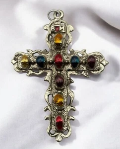 Vintage verzierter Kreuz Anhänger silberfarben mit bunten Emaille Akzenten B M Logo - Bild 1 von 8