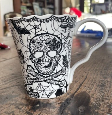 222 Fifth "Wiccan Lace" Black & White Fine China Coffee Mug New! - Image 1 of 4