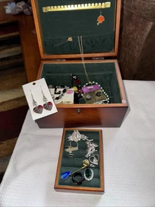 Vintage Wood Jewelry Box With Contents Costume Jewelry earrings necklaces etc. - Picture 1 of 11