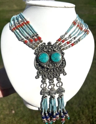 Collar Nepalí Tibetano Plata Bohemia Hecho a Mano Turquesa 18"  Foto 1 de 4