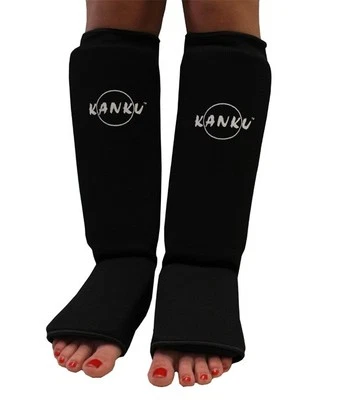 KANKU BLACK ELASTIC CLOTH SHIN IN-STEP GUARDS Muay Thai MMA Taekwondo kickboxing