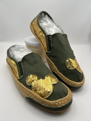 Disney Mickey Mouse Alpargatas Lona Verde Zapatos - Lentejuelas Doradas - Talla 9.5 - NUEVO Foto 1 de 4