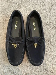 AUTHENTIC PRADA Dark Blue Suede Moccasin Loafers/Flats, size 35.5 - Picture 1 of 3