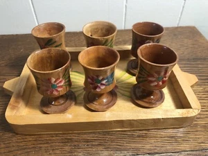(6) Vintage Hand-Painted WOOD Mini GOBLETS w/Tray Latin America? - Imagen 1 de 6
