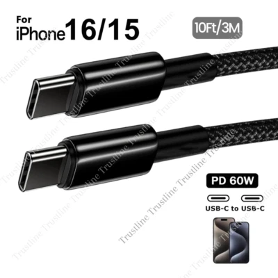 1X 10FT Fast Charger Cable Braided USB-C to USB-C Cord For iPhone 15 Plus 16 Pro - Image 1 of 4