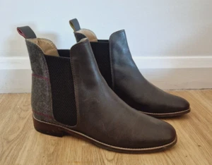 JOULES BROWN CHELSEA BOOTS SIZE 7 EU 40 GREEN TWEED LEATHER ANKLE WESTBOURNE - Picture 1 of 11