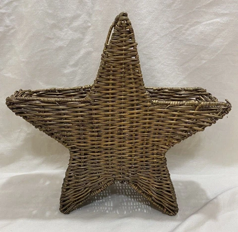 Vintage 12" Gold Basket Woven Wicker Rattan Star Shaped Rustic Christmas Boho Cover