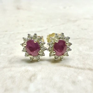 14K Oval Ruby & Diamond Halo Stud Earrings - 14K Yellow Gold Ruby Earrings - Picture 1 of 6