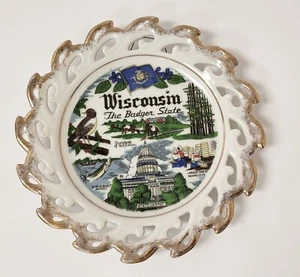 Vtg Wisconsin Souvenir Plate 7" Reticulated Rounded Sawtooth edge Gold Detail - Picture 1 of 9