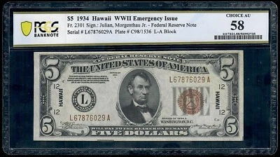 1934 $5 Hawaii WWII Emergency Issue ** LA Block** FR-2301 PCGS 58 AU - Image 1 of 3