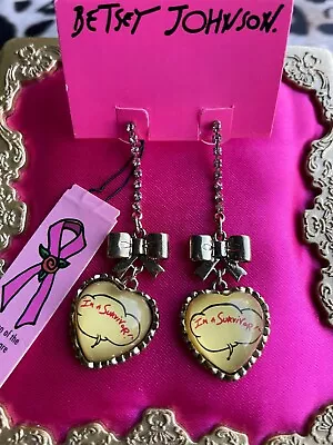 Betsey Johnson Vintage I'M A SURVIVOR! Pink Ribbon Heart Breast Cancer Earrings - Image 1 of 4